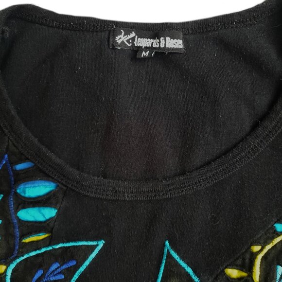 Boho Goth Fairy Top Size M Black Multicolor Embroidered Long Sleeve Hip Length - Picture 6 of 7